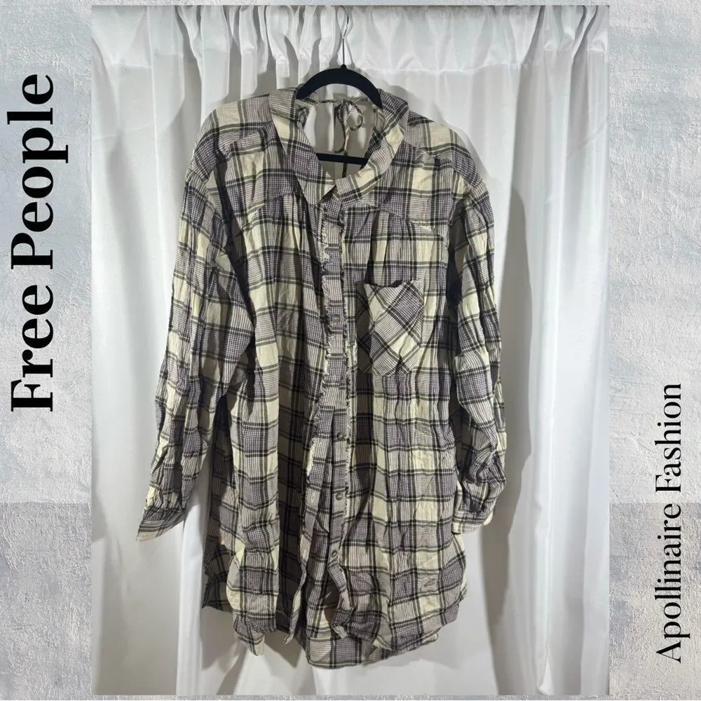Free People Purple and Yellow Plaid Button-Down Tunic Large NWOT